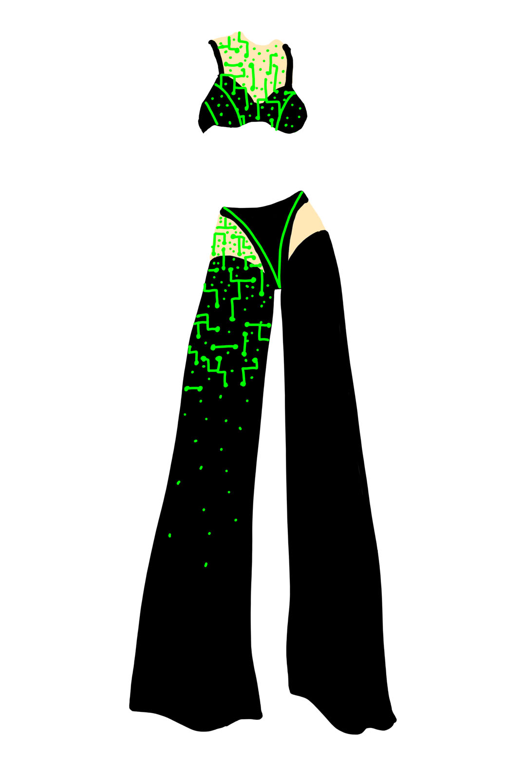 A photoshop sketch of a two-piece black-and-green outfit. The top is a black bralette with nude mesh and green embroidery made to look like circuitry on it. The pant is also a black-and-nude mesh combo with green circuitry-inspired embroidery on it.