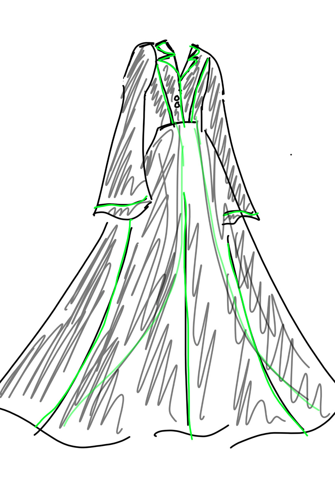 A photoshop sketch of a translucent black robe with green piping. 