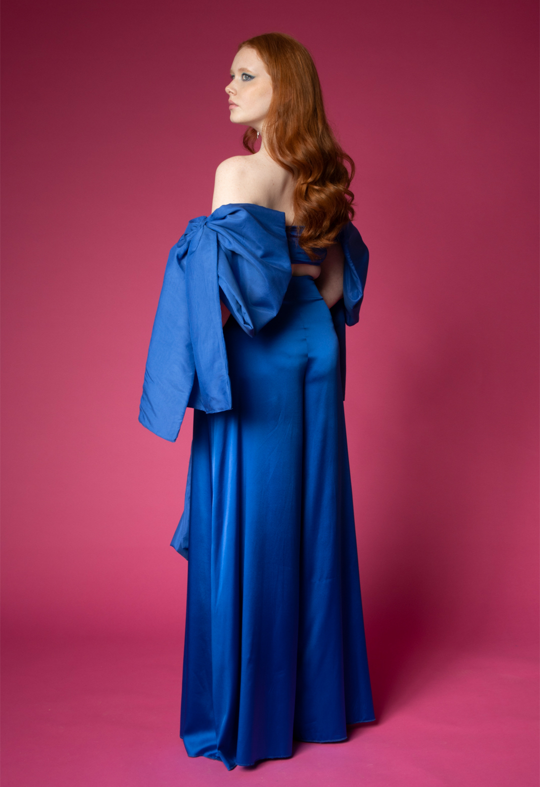 A back-view photo shows a model wearing a royal blue charmeuse bandeau, with matching cotton voile bows and palazzo pants.