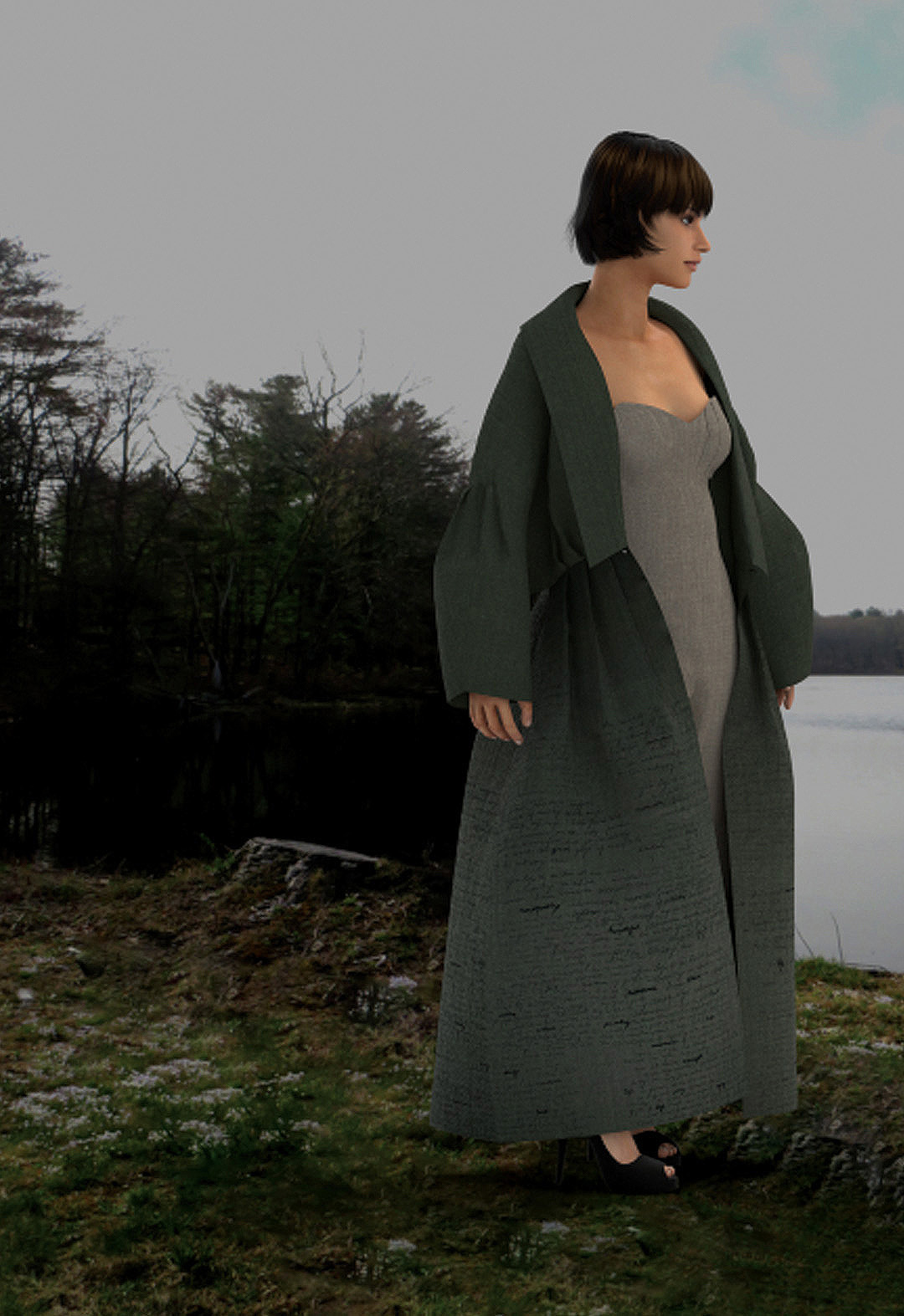 Digital image of a female avatar wearing a green coat and beige jumpsuit. The avatar is turned slightly to the right side, exposing the jumpsuit beneath the open coat. She is standing in front of a scenic background with a lake, clouded sky, and trees in the distance.