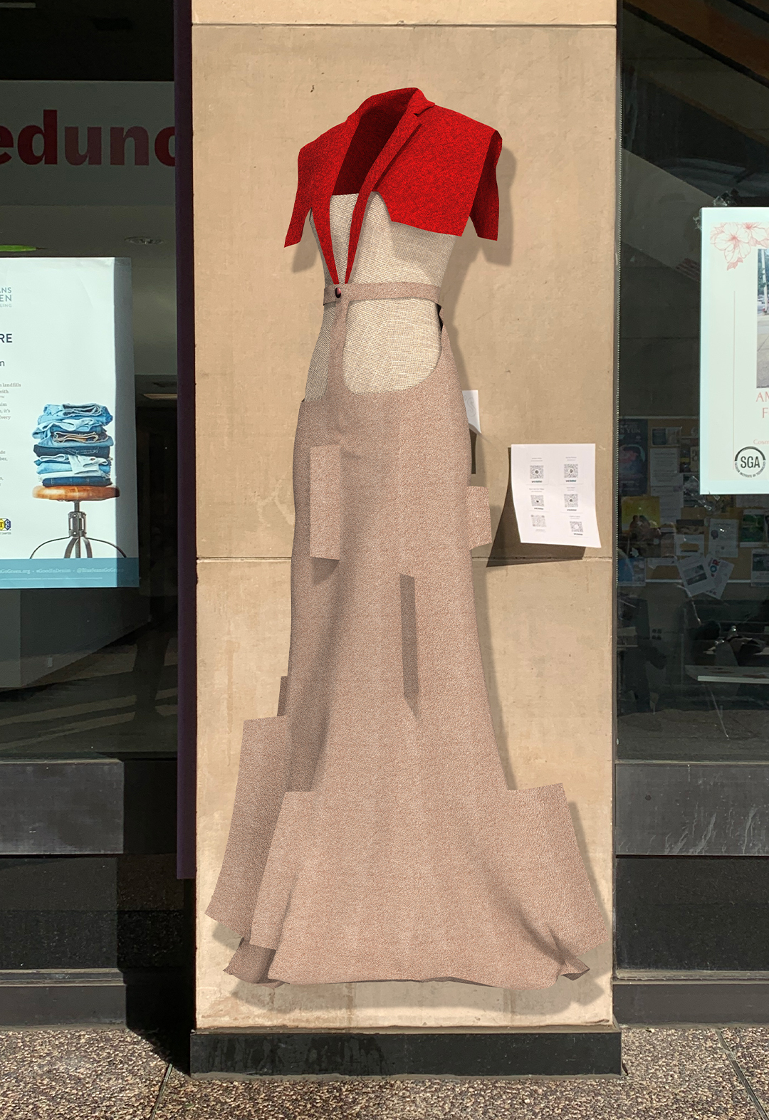 This is a digital outfit on top of a photo background. The outfit includes a red wool cape and a double-layer linen dress. The background is a concrete column and glass windows. 