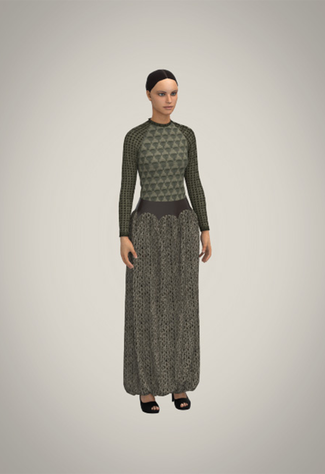 3D-simulated model wearing Islamic architecture–inspired knit structures, with domed leather yoke skirt