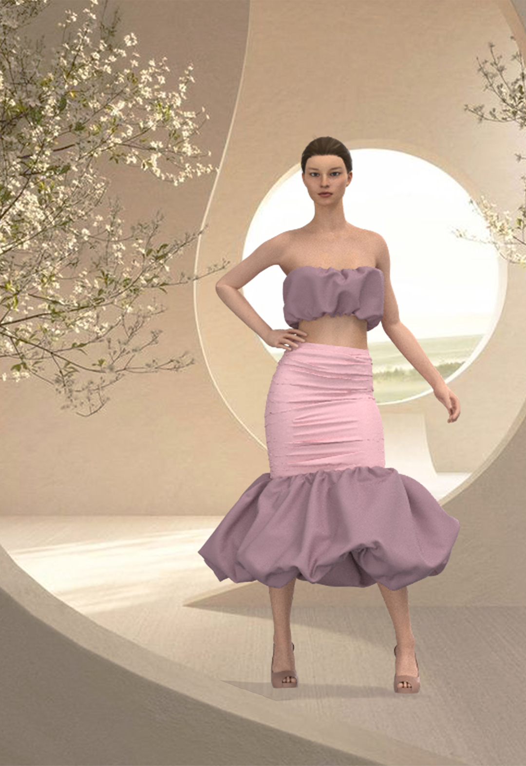 This is a look created with Clo3D as the third look. The elegant pink skirt set displays another form of a blooming flower. It is designed with a puffy crop top in matte orchid purple and has a gathered and fitted light-pink skirt. The orchid purple puffy bottom of the skirt mirrors the design and color of the puffy crop top. 