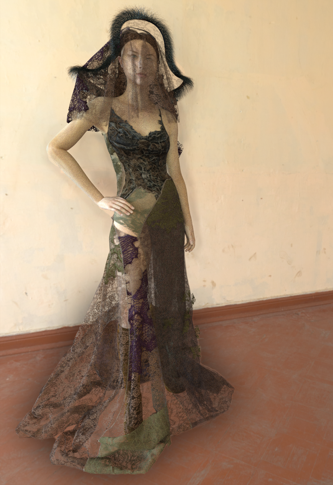 Clo3D render of shredded denim and lace gown with lace veil 