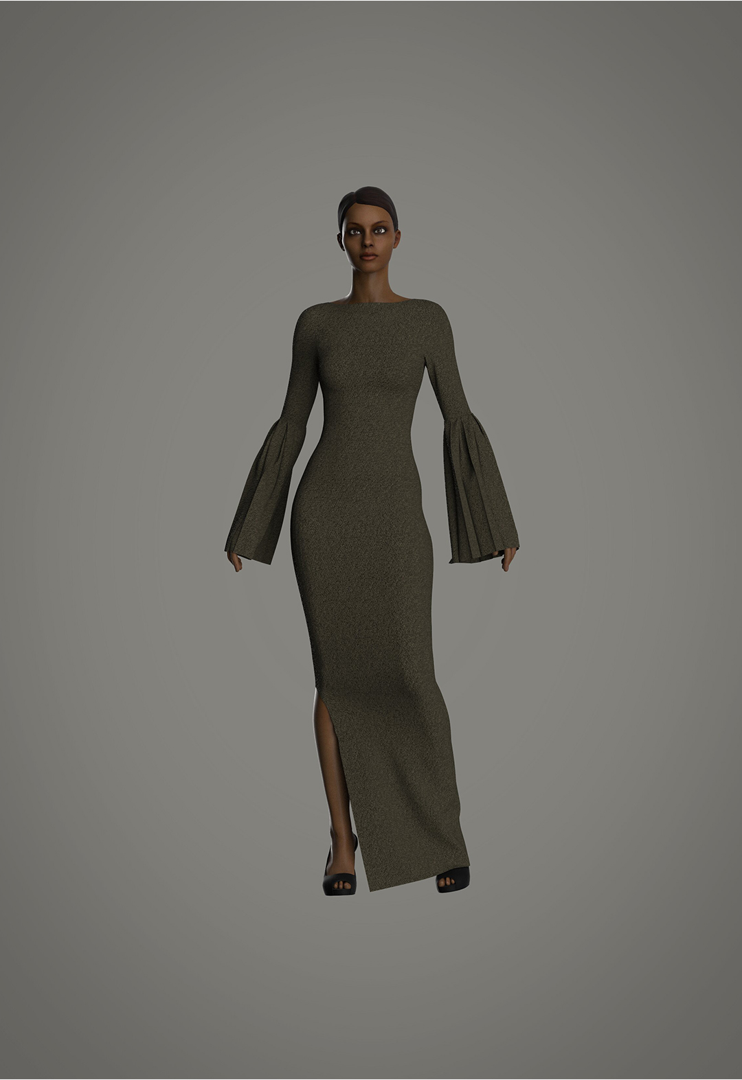 3D avatar wearing a black-and-gold knit corseted maxi dress with a side slit.The avatar's arms are away from the body to show the pleated sleeves. The background is gray.